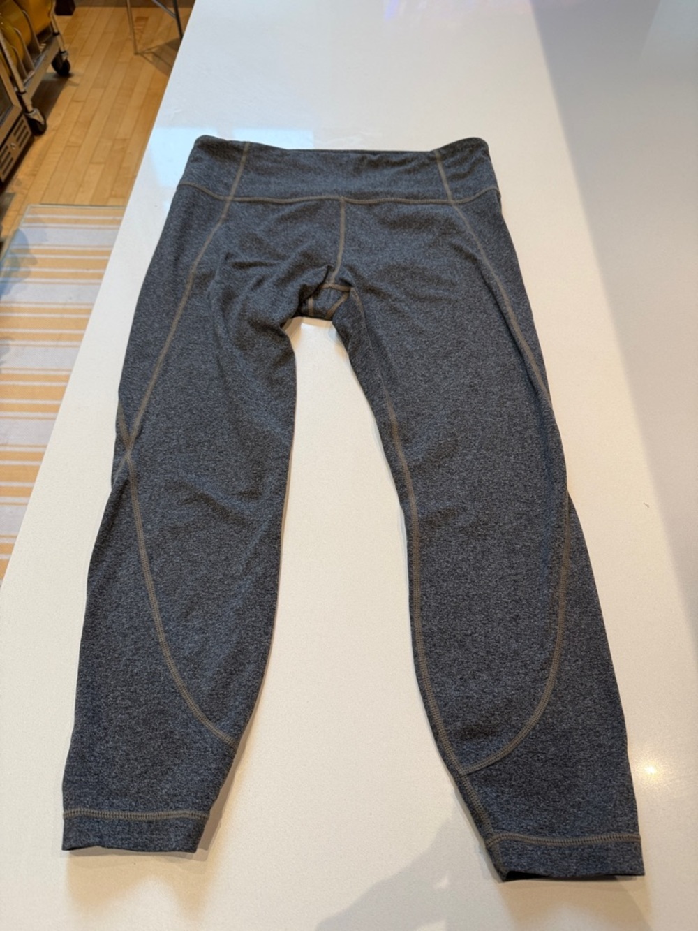 Athleta Soft Charcoal Performance Leggings with Tan Tonal Stitching, Size L